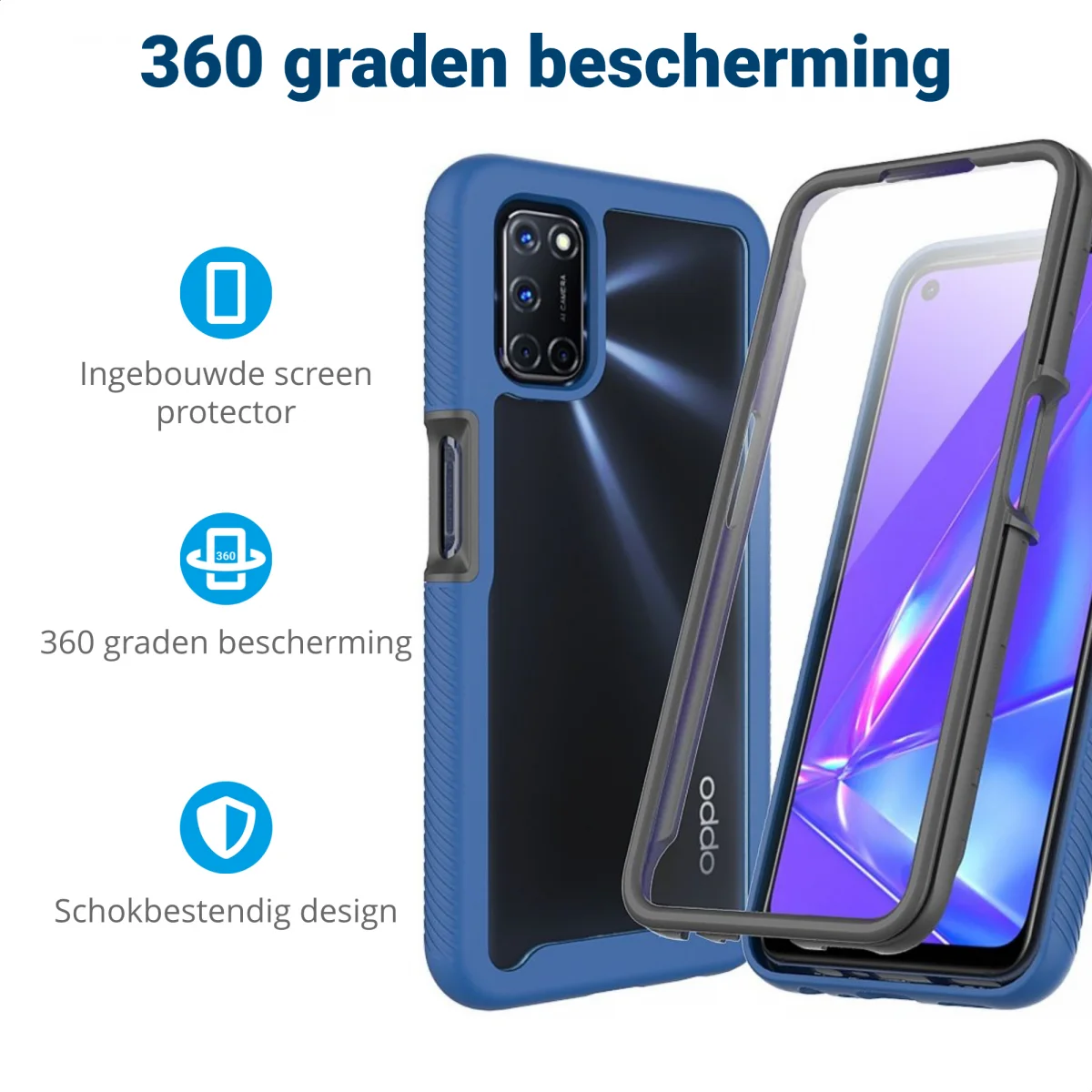 Oppo A52 / A72 Hoesje Full Protect 360° Cover Hybride Blauw afbeelding 2