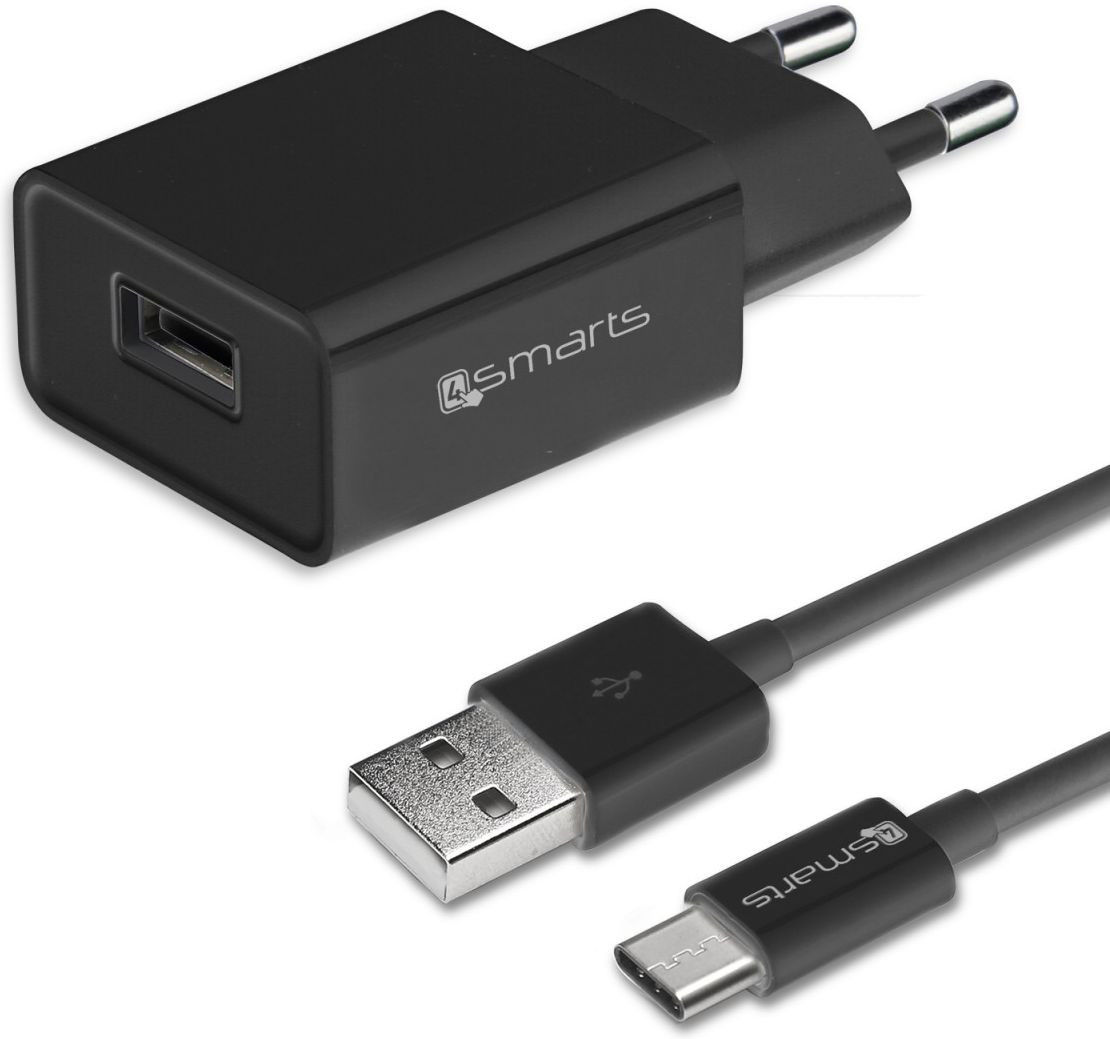 4Smarts 12W USB Oplader 2.4A met USB naar USB-C Kabel 2 Meter Zwart afbeelding 1