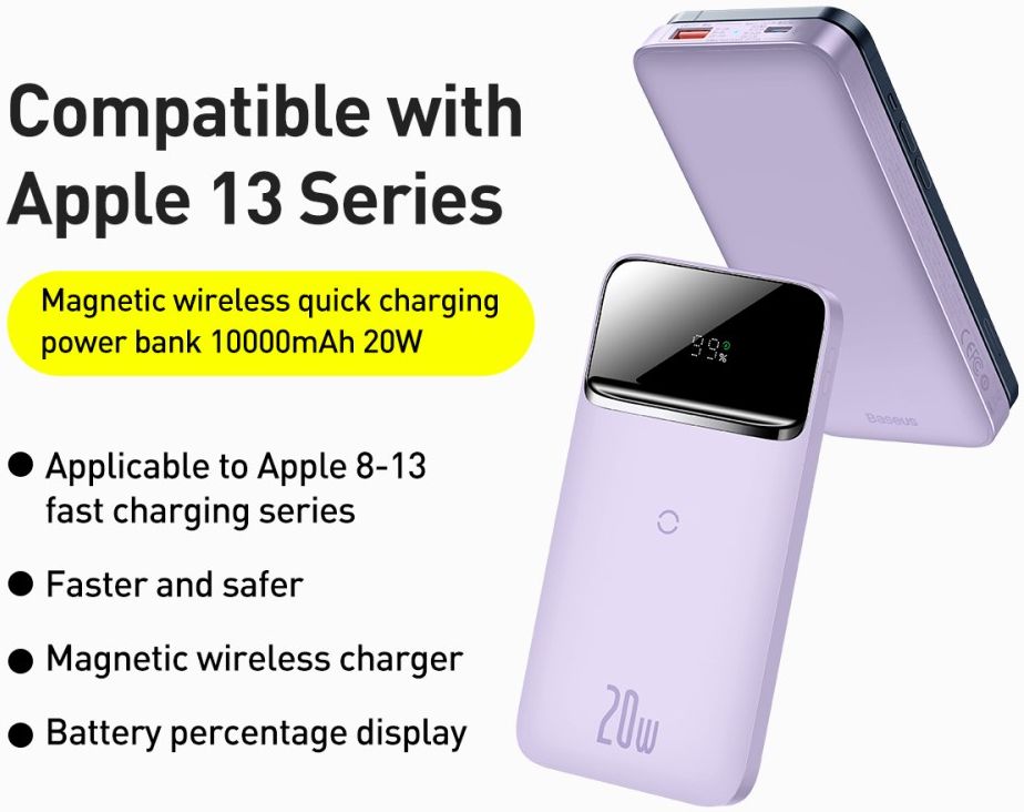 Baseus Powerbank 10.000 mAh 20W Geschikt voor Apple MagSafe Paars afbeelding 8