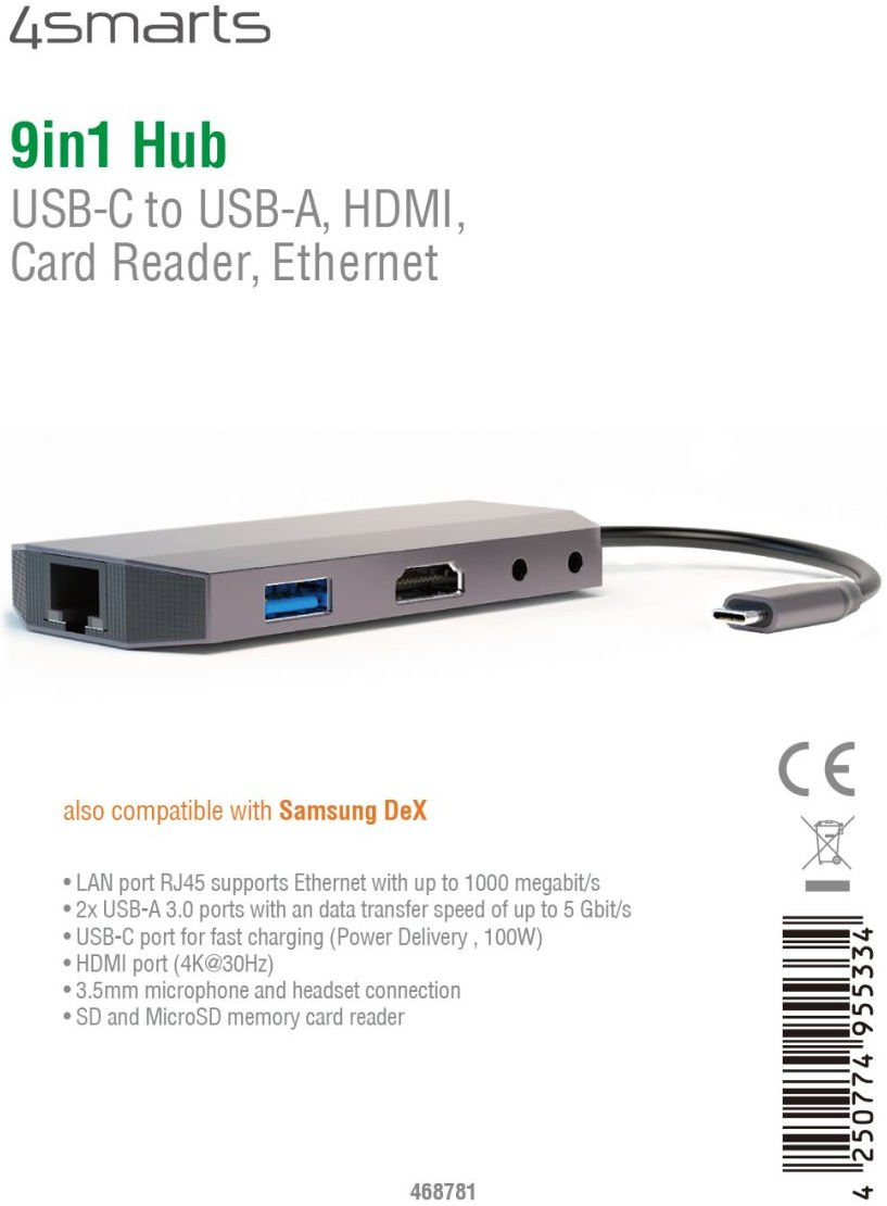 4Smarts 9-in-1 Hub LAN/USB-A/USB-C/3.5mm/SD-kaart Ingang Space Gray afbeelding 3