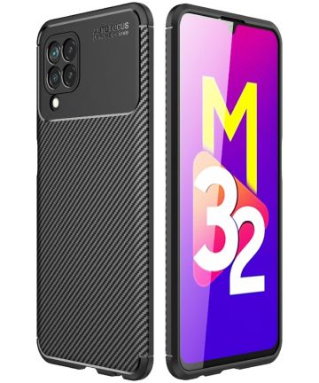 Samsung Galaxy M32 Hoesje Siliconen Carbon TPU Back Cover Zwart Hoesjes