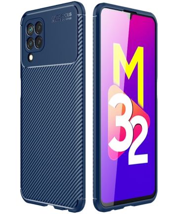 Samsung Galaxy M32 Hoesje Siliconen Carbon TPU Back Cover Blauw Hoesjes