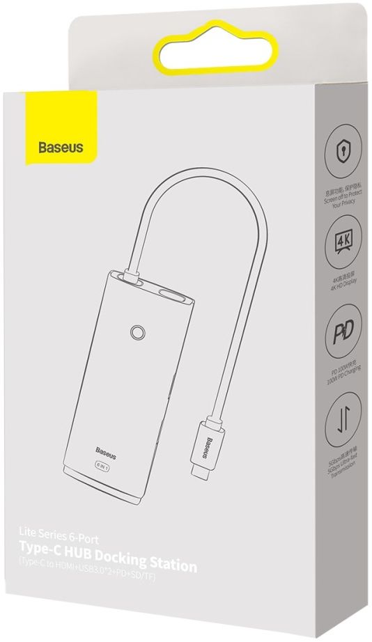 Baseus Lite 6-in-1 USB-C Hub naar HDMI/2x USB 3.0/USB-C PD/SD/TF Zwart afbeelding 17