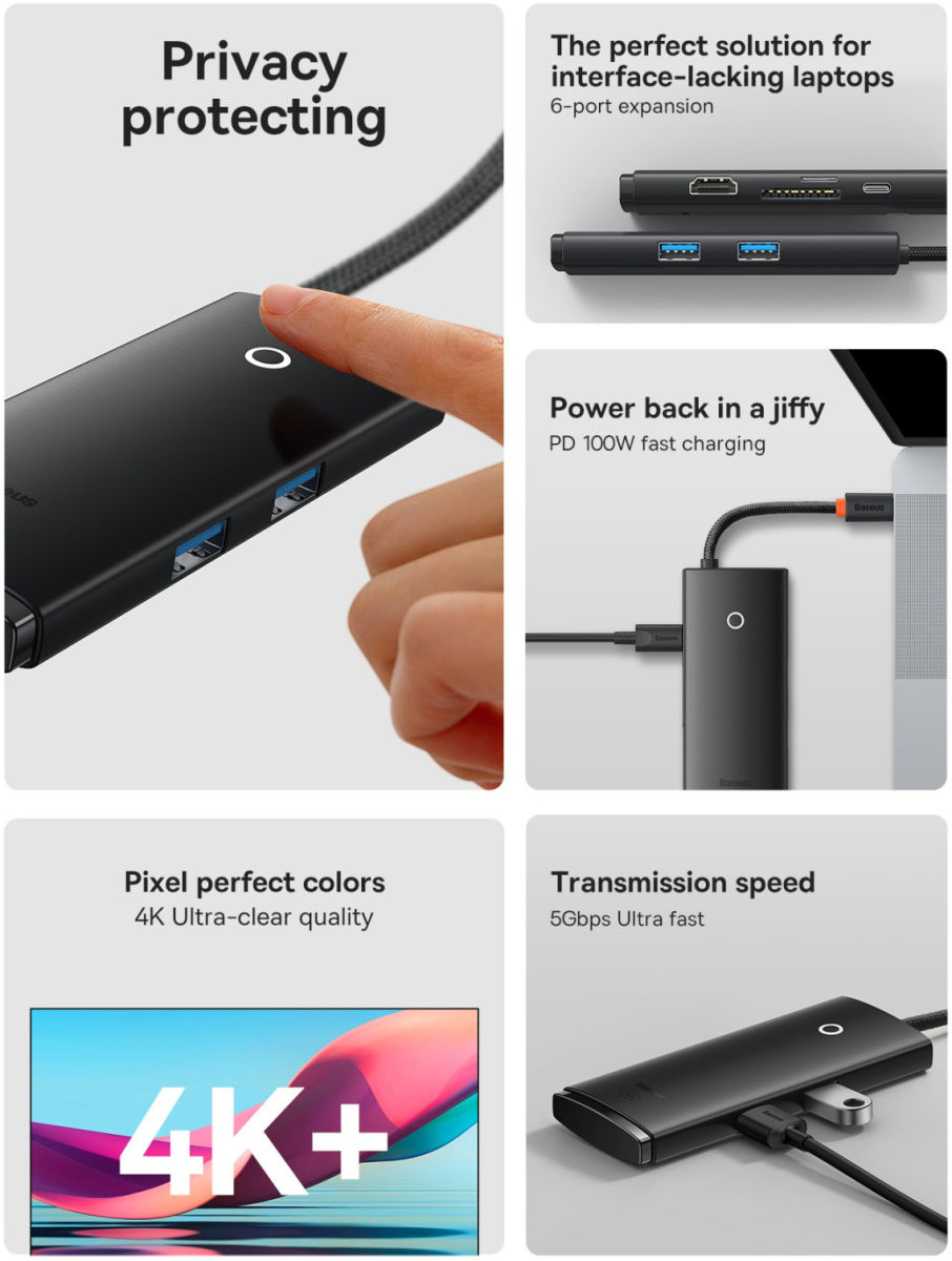 Baseus Lite 6-in-1 USB-C Hub naar HDMI/2x USB 3.0/USB-C PD/SD/TF Zwart afbeelding 4