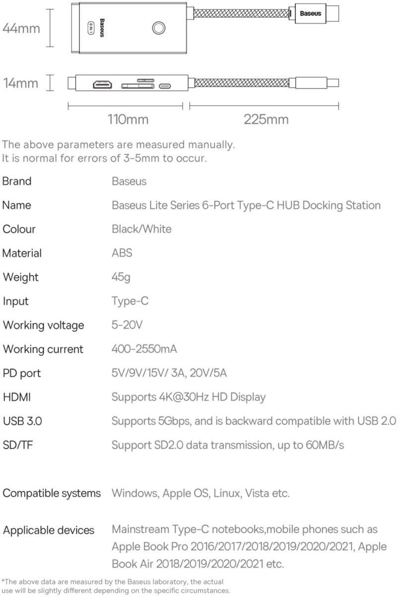 Baseus Lite 6-in-1 USB-C Hub naar HDMI/2x USB 3.0/USB-C PD/SD/TF Zwart afbeelding 12