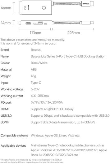 Baseus Lite 6-in-1 USB-C Hub naar HDMI/2x USB 3.0/USB-C PD/SD/TF Zwart afbeelding 12