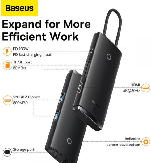 Baseus Lite 6-in-1 USB-C Hub naar HDMI/2x USB 3.0/USB-C PD/SD/TF Zwart afbeelding 5