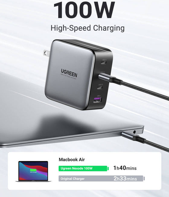 UGREEN Nexode 4-in-1 Fast Charger 100W GaN Oplader 3x USB-C 1x USB-A afbeelding 8
