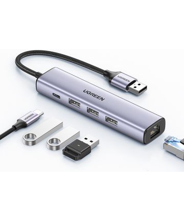UGREEN USB-C 5-in-1 Hub Ingangen voor 3 USB-A, USB-C en Ethernet Kabels