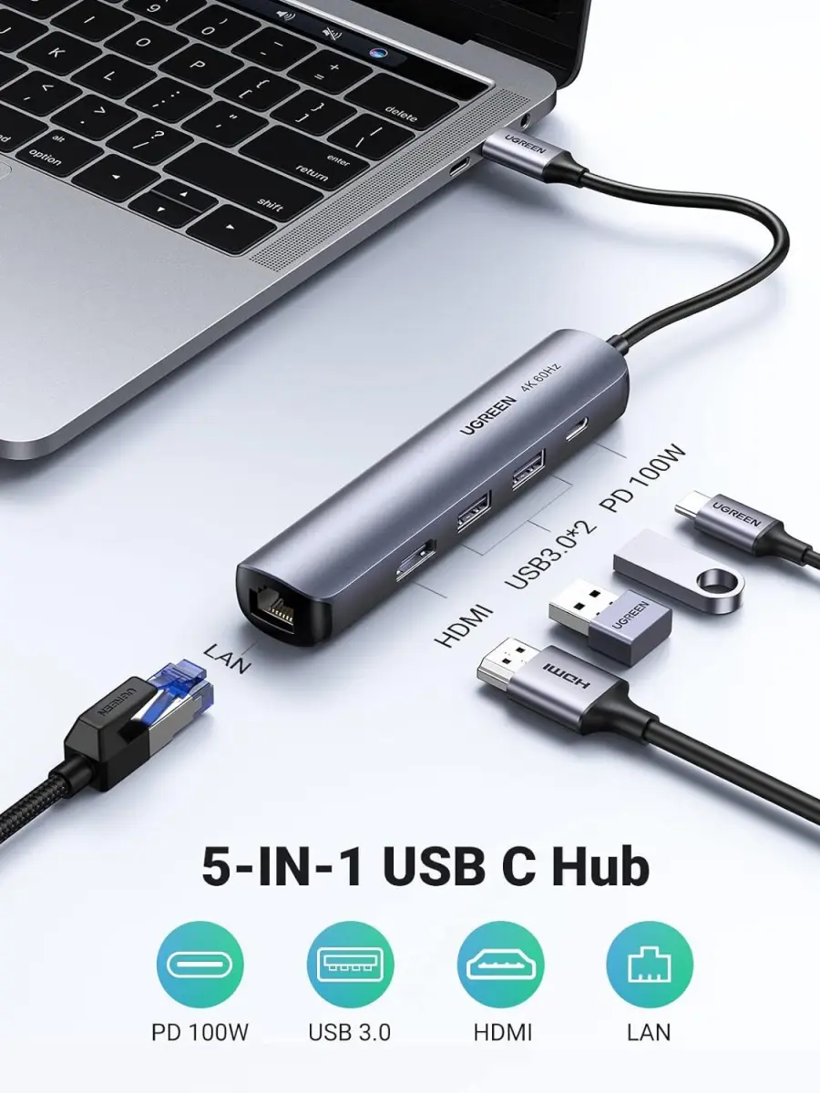 UGREEN USB-C 5-in-1 Hub Ingangen voor 3 USB-A, USB-C en Ethernet afbeelding 2