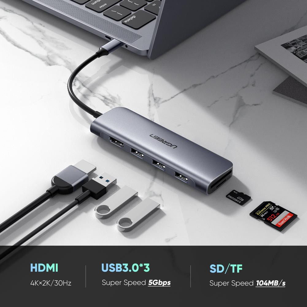 UGREEN 6-in-1 USB-C Hub met USB-A / HDMI / (Micro) SD-Kaart Grijs afbeelding 2