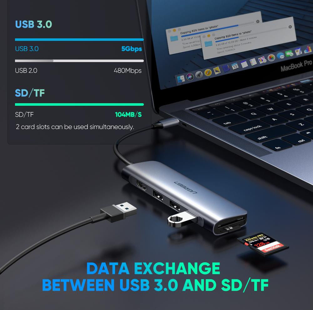 UGREEN 6-in-1 USB-C Hub met USB-A / HDMI / (Micro) SD-Kaart Grijs afbeelding 4