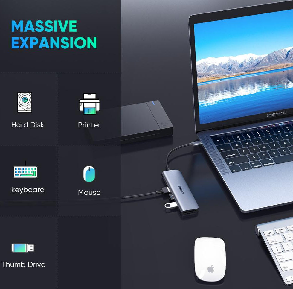 UGREEN 6-in-1 USB-C Hub met USB-A / HDMI / (Micro) SD-Kaart Grijs afbeelding 5