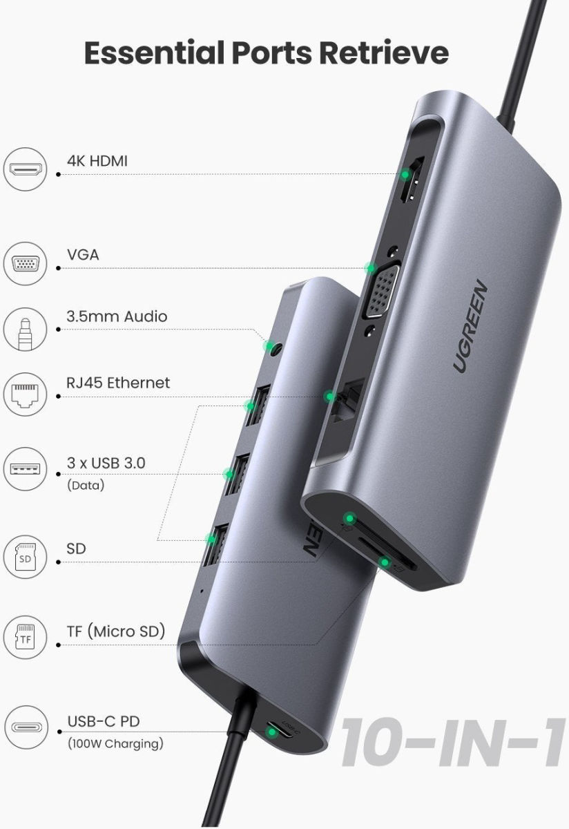 UGREEN Universele USB-C 10-in-1 Hub 100W/5Gbps/4K/1Gbits/s Space Grey afbeelding 2