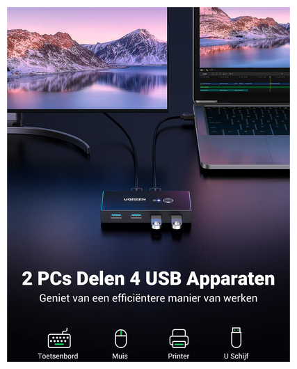 UGREEN Sharing Switch USB 3.0 Schakelaar met 4 USB Poorten Zwart afbeelding 2