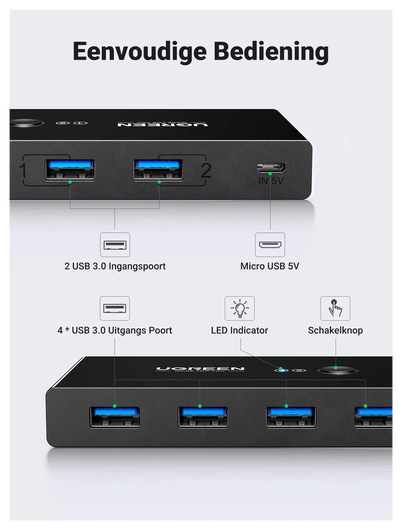 UGREEN Sharing Switch USB 3.0 Schakelaar met 4 USB Poorten Zwart afbeelding 4