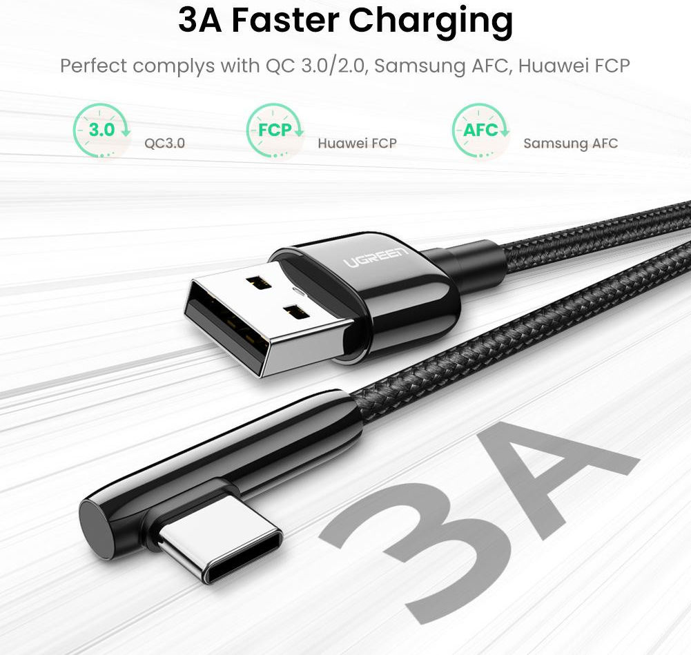 UGREEN USB-C naar USB-A 90° Haakse Gevlochten Kabel 2 Meter Zwart afbeelding 2