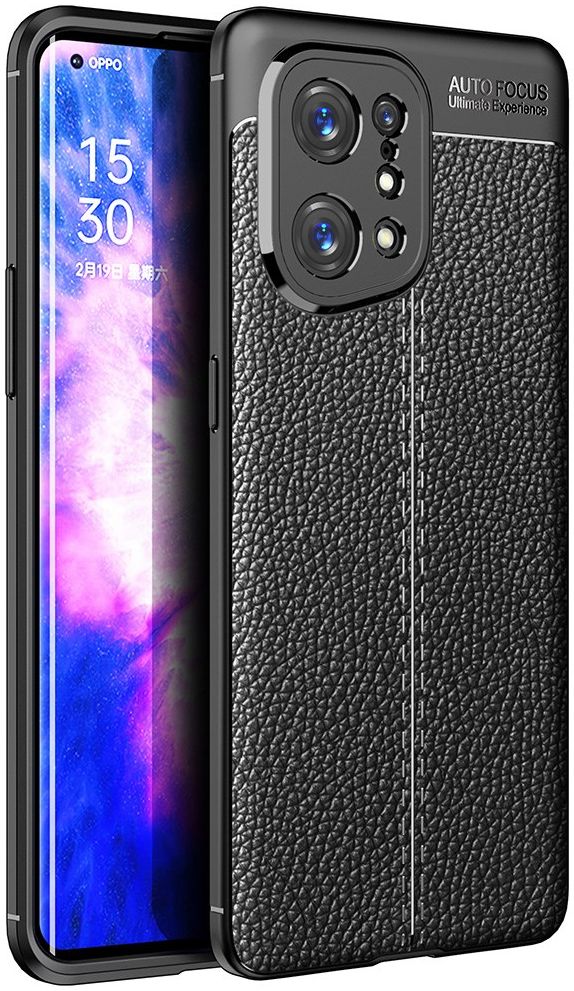Oppo Find X5 Hoesje TPU Back Cover met Leren Textuur Zwart afbeelding 1