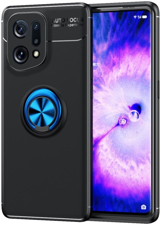 Oppo Find X5 Hoesje Magnetische Ring Kickstand Back Cover Zwart Blauw afbeelding 1