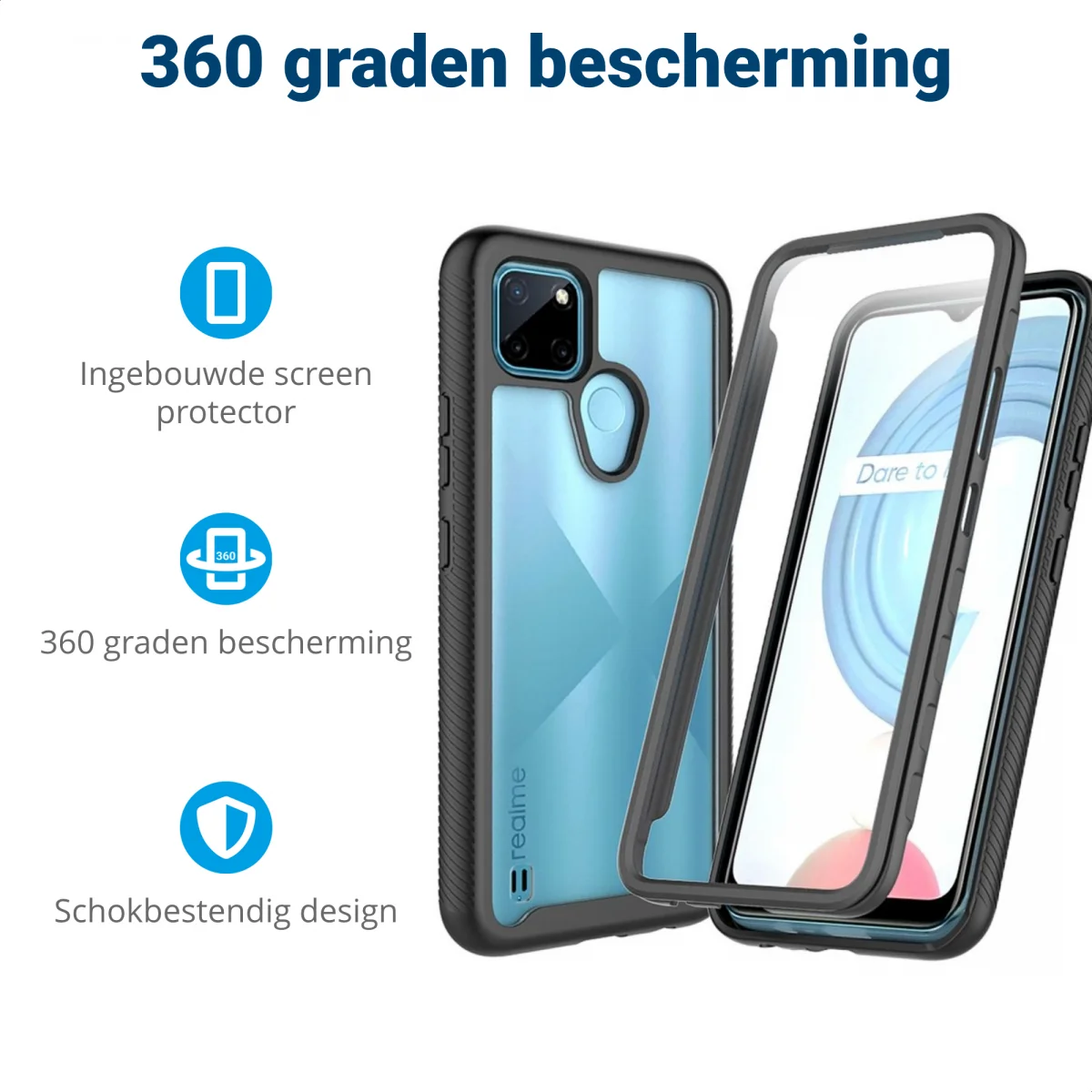 Realme C21Y / C25Y Hoesje Full Protect 360° Cover Hybride Zwart afbeelding 2