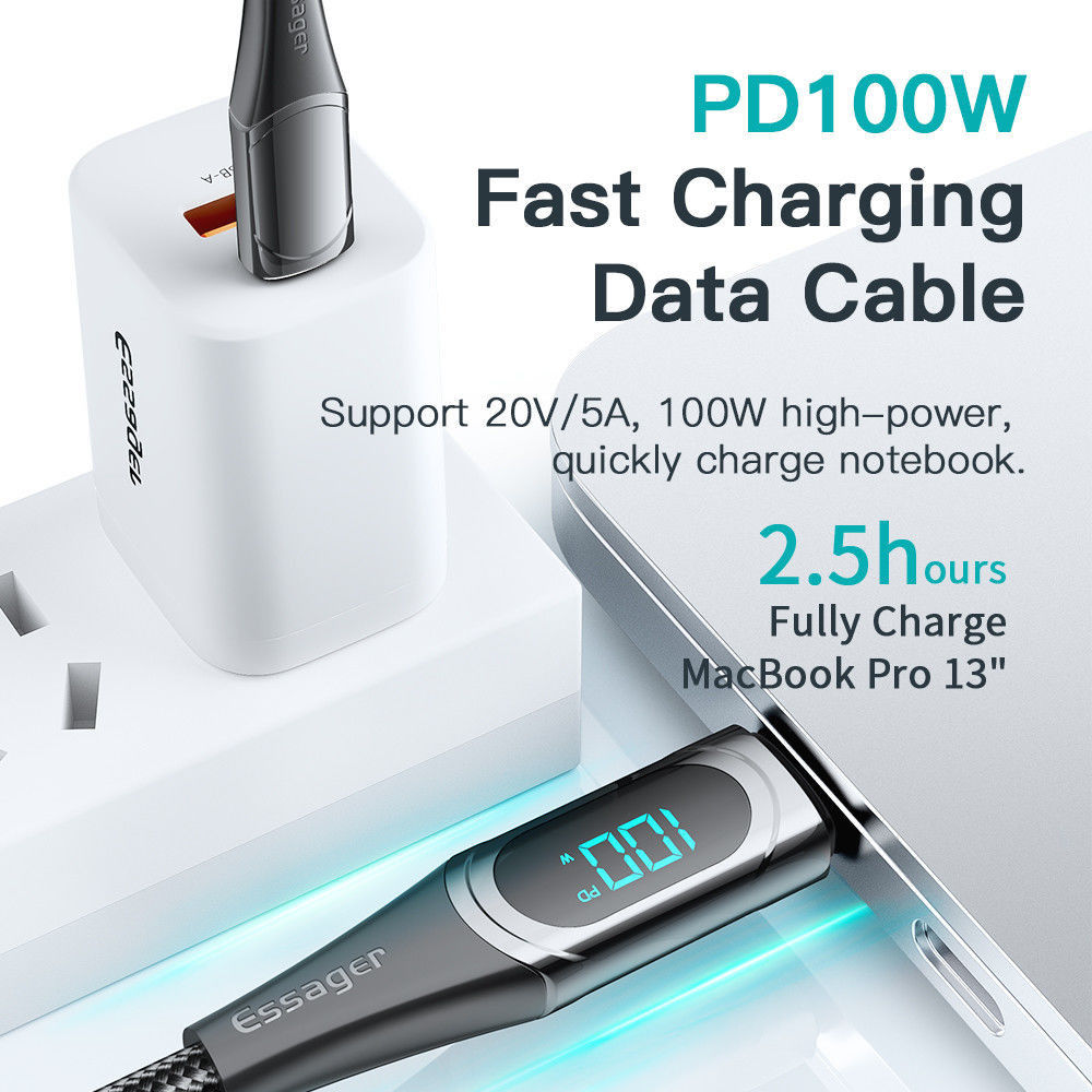 Essager 100W USB-C Snellaad Kabel met Digitale Display 5A 2M Zwart afbeelding 3