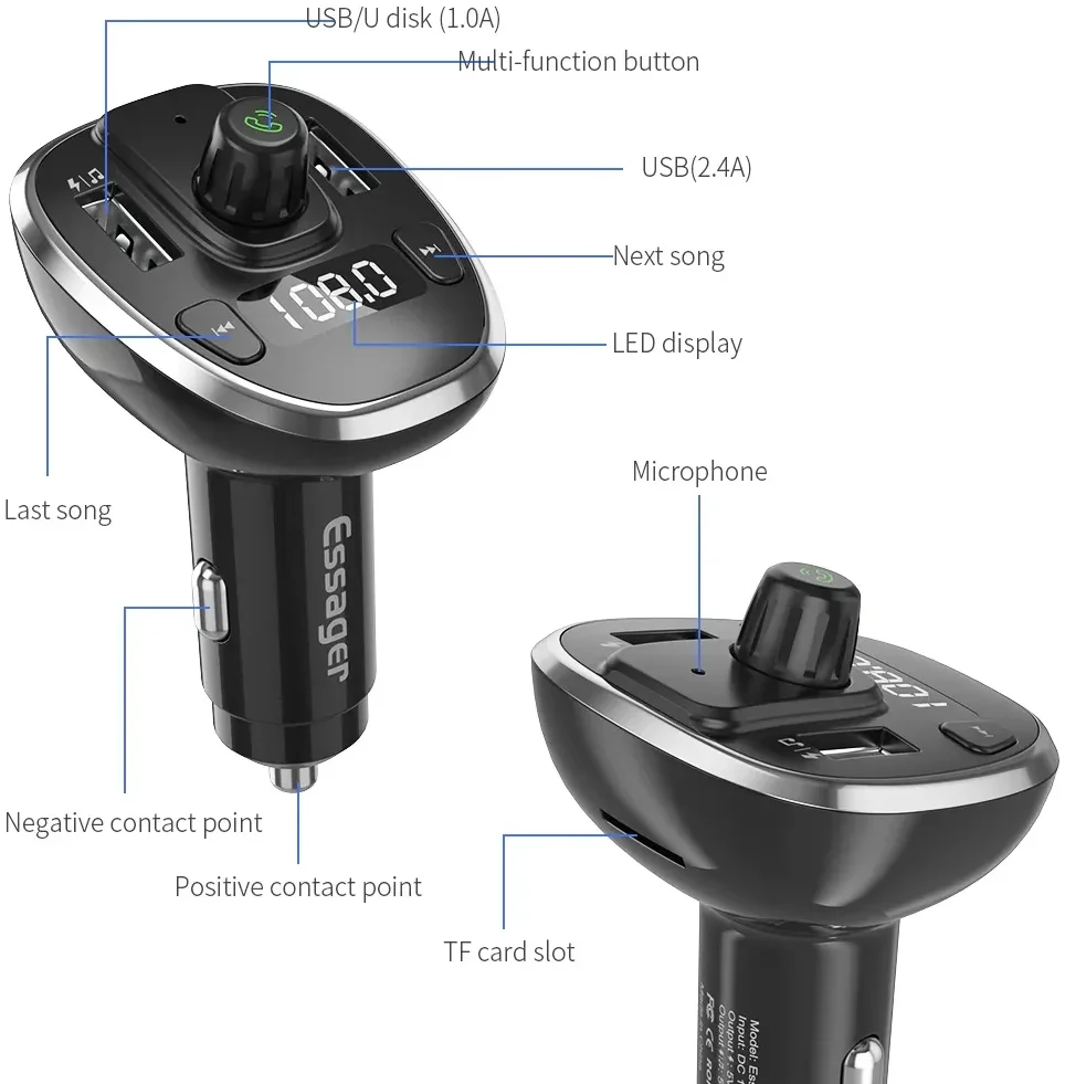 Essager Bluetooth 5.0 Muziek Transmitter met USB Autolader 17W Zilver afbeelding 6