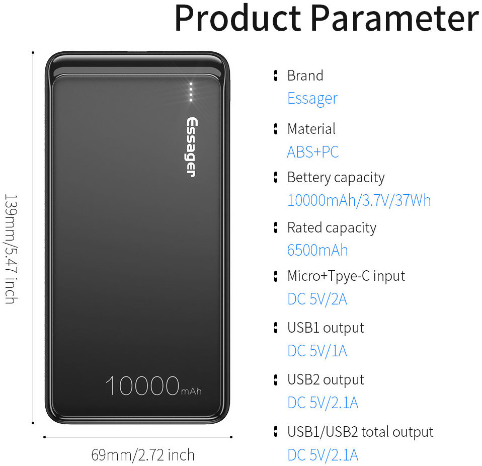 Essager Mini Compacte USB-A Powerbank 10.000 mAh Zwart afbeelding 13