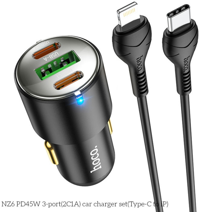 Hoco 3A Auto Snellader 45W PD & QC 3.0 + USB-C naar Lightning Kabel 1M afbeelding 2