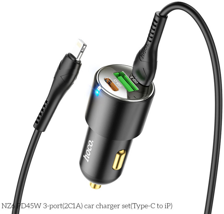 Hoco 3A Auto Snellader 45W PD & QC 3.0 + USB-C naar Lightning Kabel 1M afbeelding 5