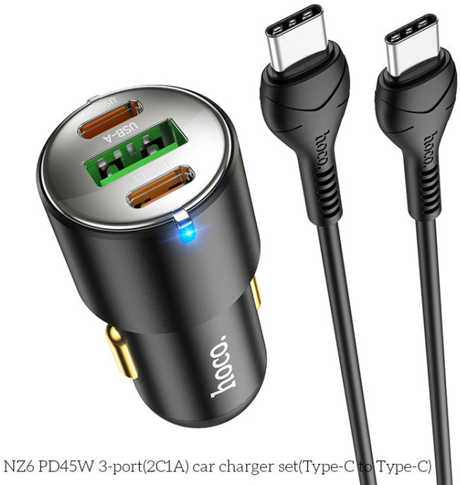Hoco 3A USB/USB-C Auto Snellader 45W met PD en QC 3.0 + USB-C Kabel 1M afbeelding 2
