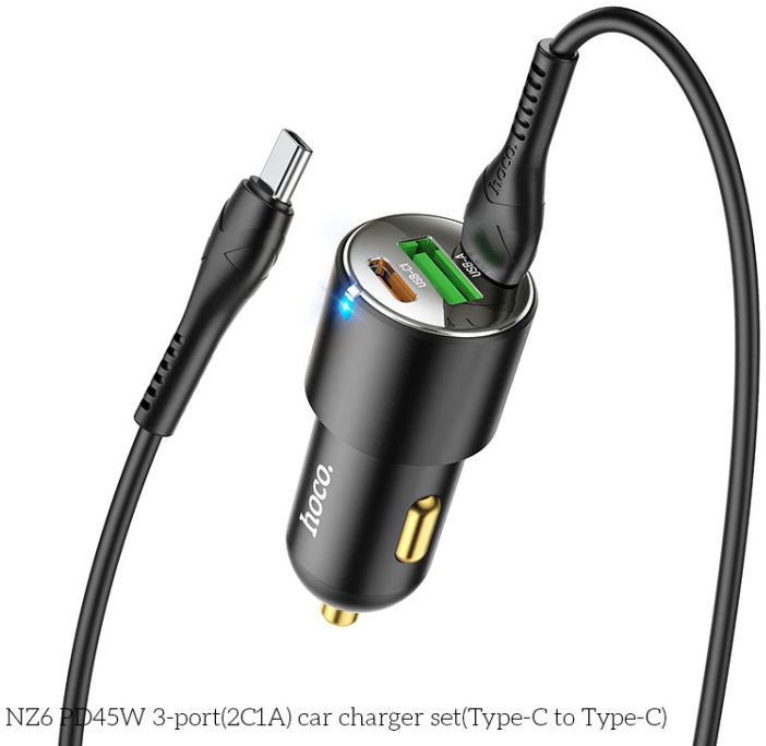 Hoco 3A USB/USB-C Auto Snellader 45W met PD en QC 3.0 + USB-C Kabel 1M afbeelding 5
