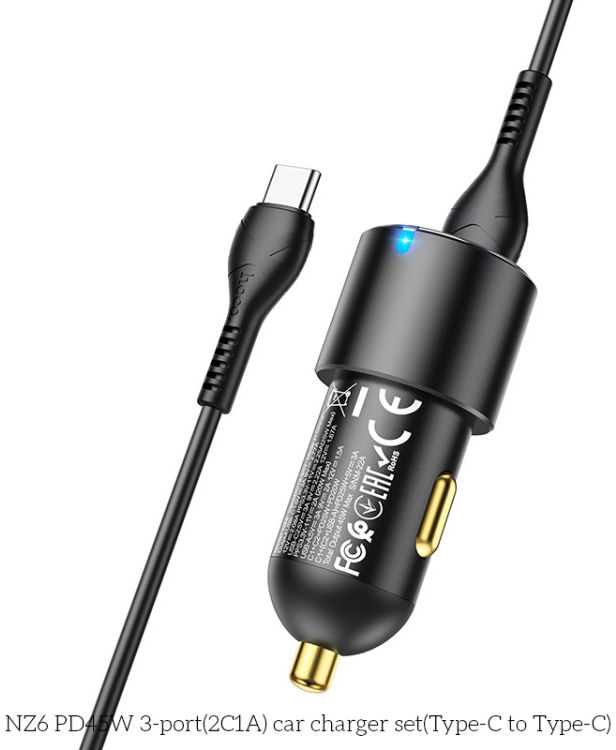 Hoco 3A USB/USB-C Auto Snellader 45W met PD en QC 3.0 + USB-C Kabel 1M afbeelding 6