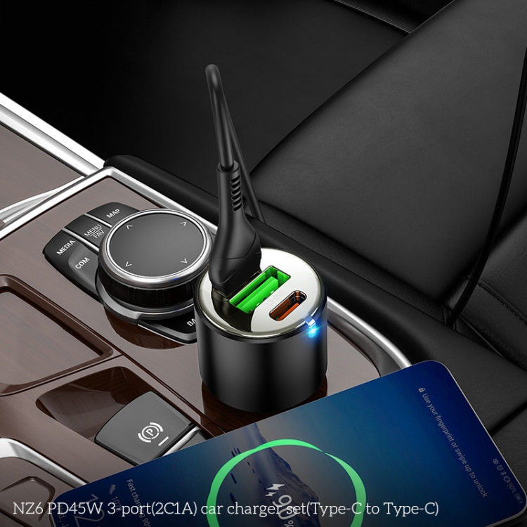 Hoco 3A USB/USB-C Auto Snellader 45W met PD en QC 3.0 + USB-C Kabel 1M afbeelding 3