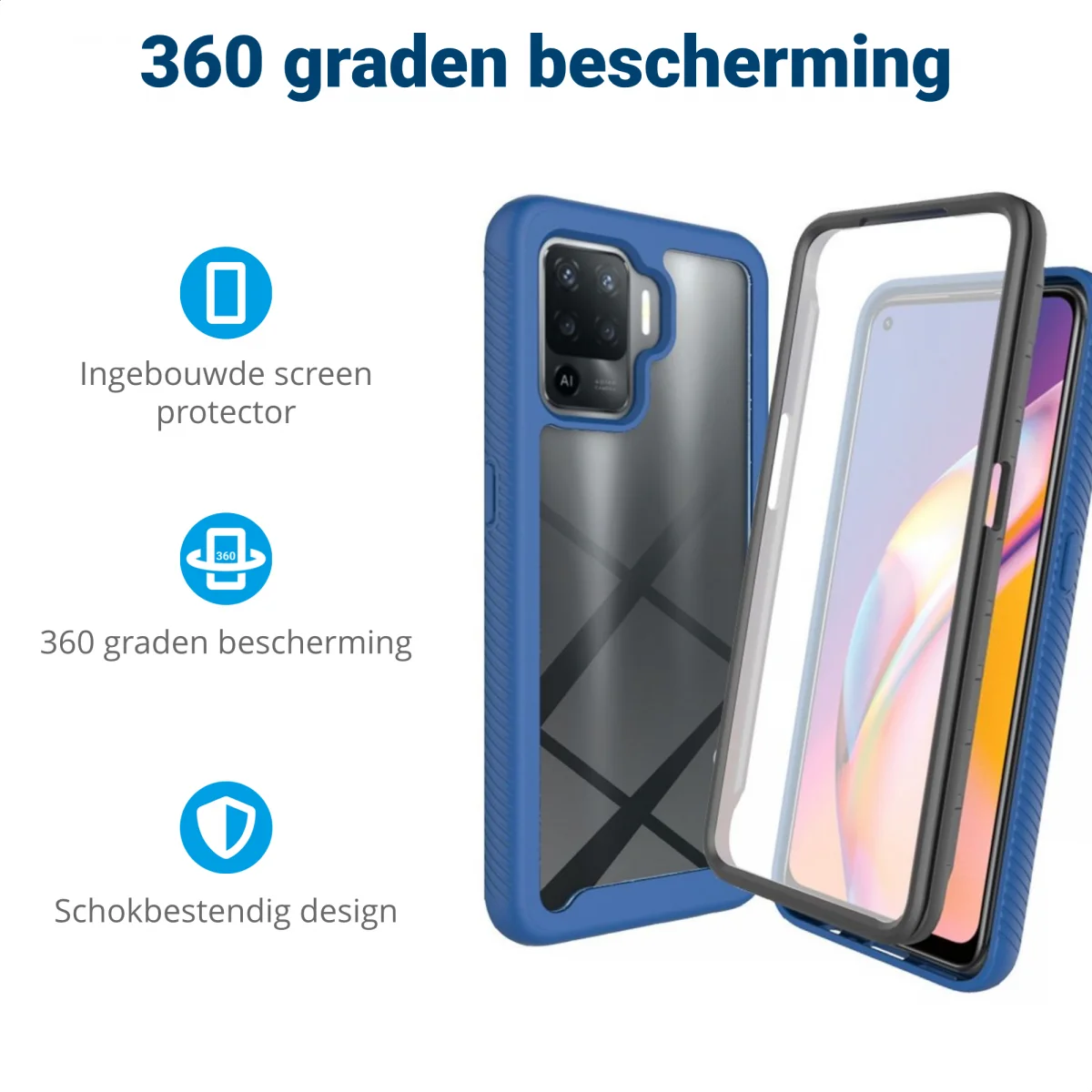 Oppo Reno5 Lite Hoesje Full Protect 360° Cover Hybride Blauw afbeelding 2