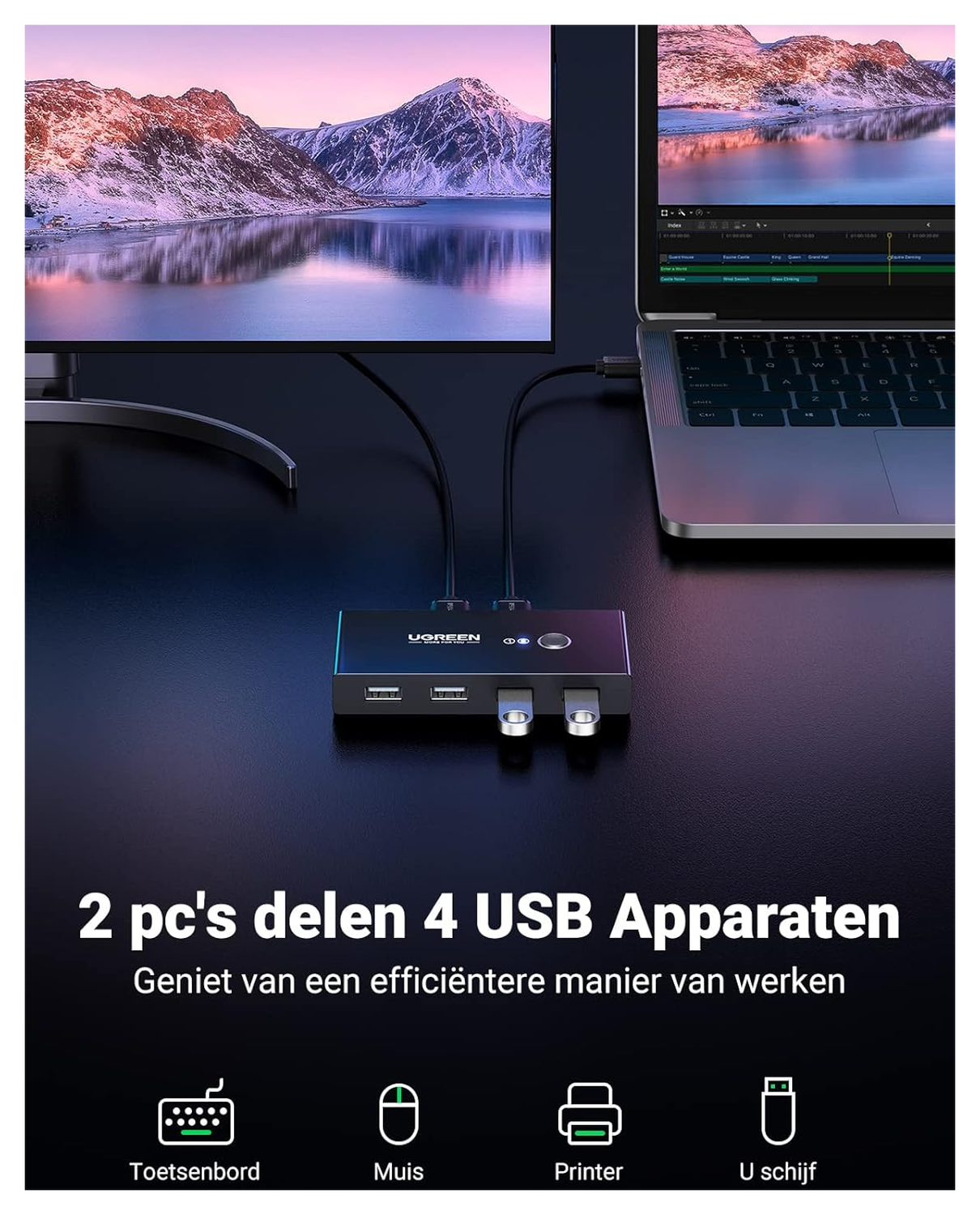 UGREEN Sharing Switch USB 2.0 Schakelaar met 4 USB Poorten Zwart afbeelding 2