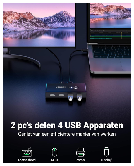 UGREEN Sharing Switch USB 2.0 Schakelaar met 4 USB Poorten Zwart afbeelding 2