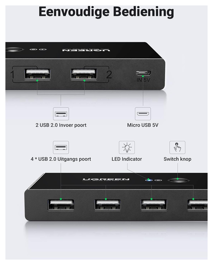 UGREEN Sharing Switch USB 2.0 Schakelaar met 4 USB Poorten Zwart afbeelding 3