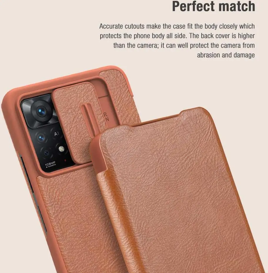 Nillkin Qin Pro Xiaomi Redmi Note 11 Pro Hoesje Camera Slider Bruin afbeelding 7