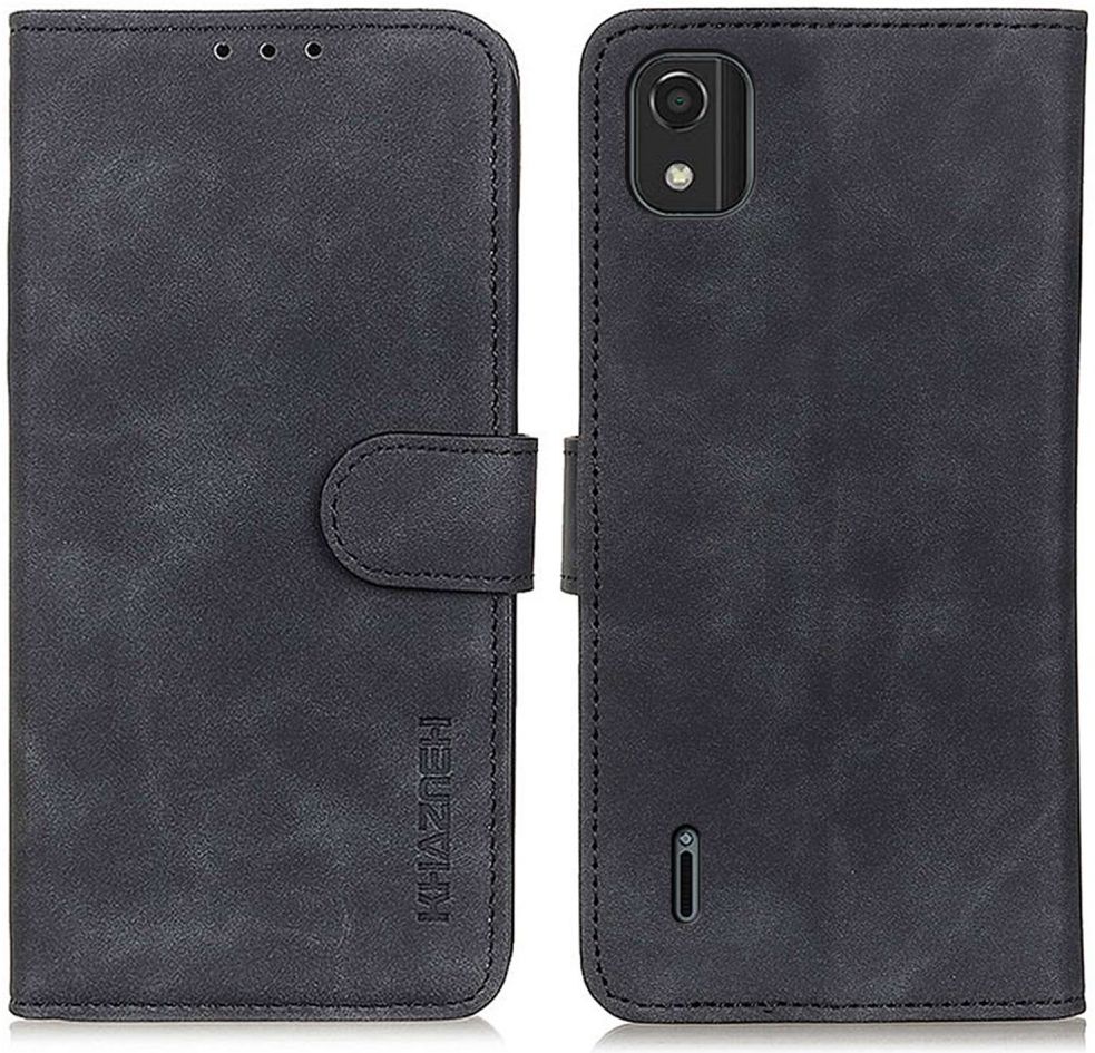 KHAZNEH Nokia C2-2E Hoesje Retro Wallet Book Case Kunstleer Zwart afbeelding 2