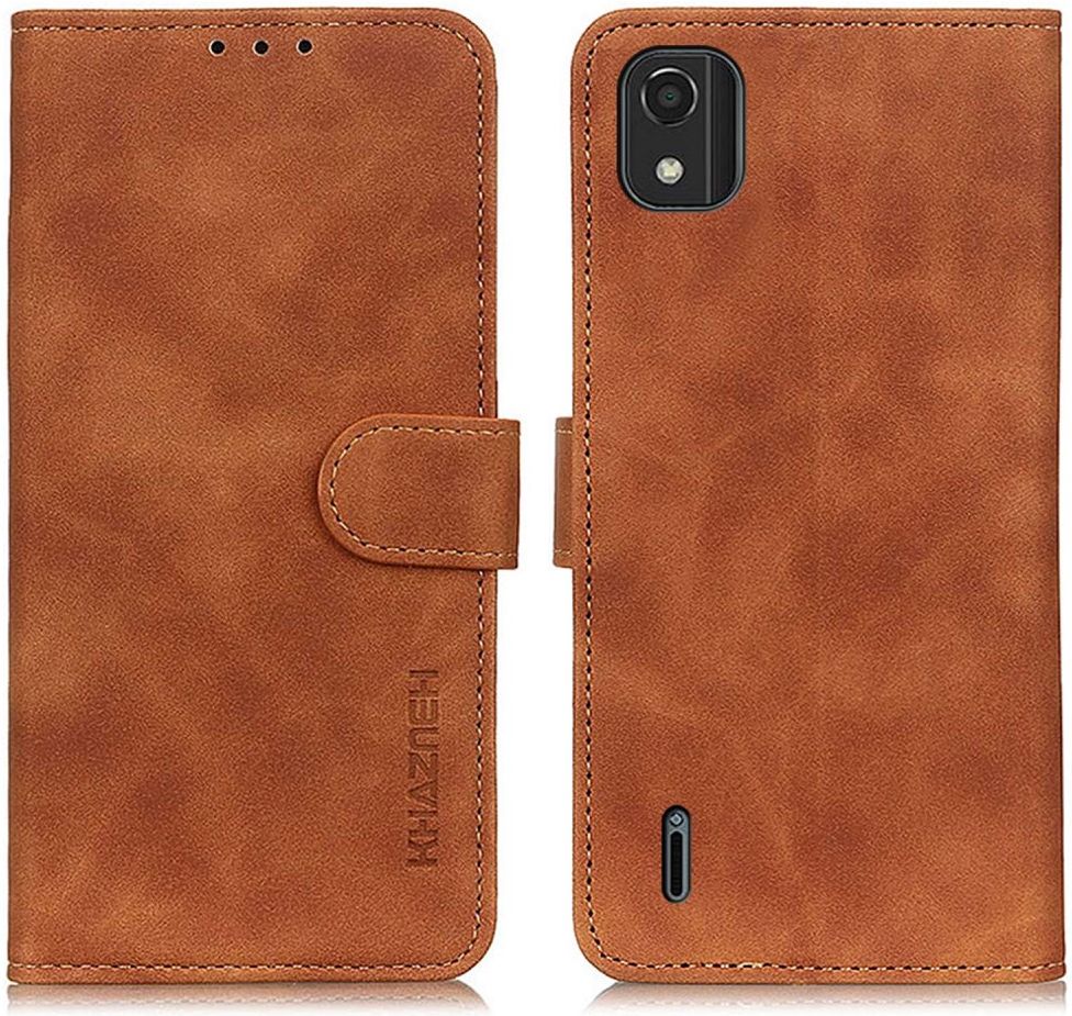 KHAZNEH Nokia C2-2E Hoesje Retro Wallet Book Case Kunstleer Bruin afbeelding 2