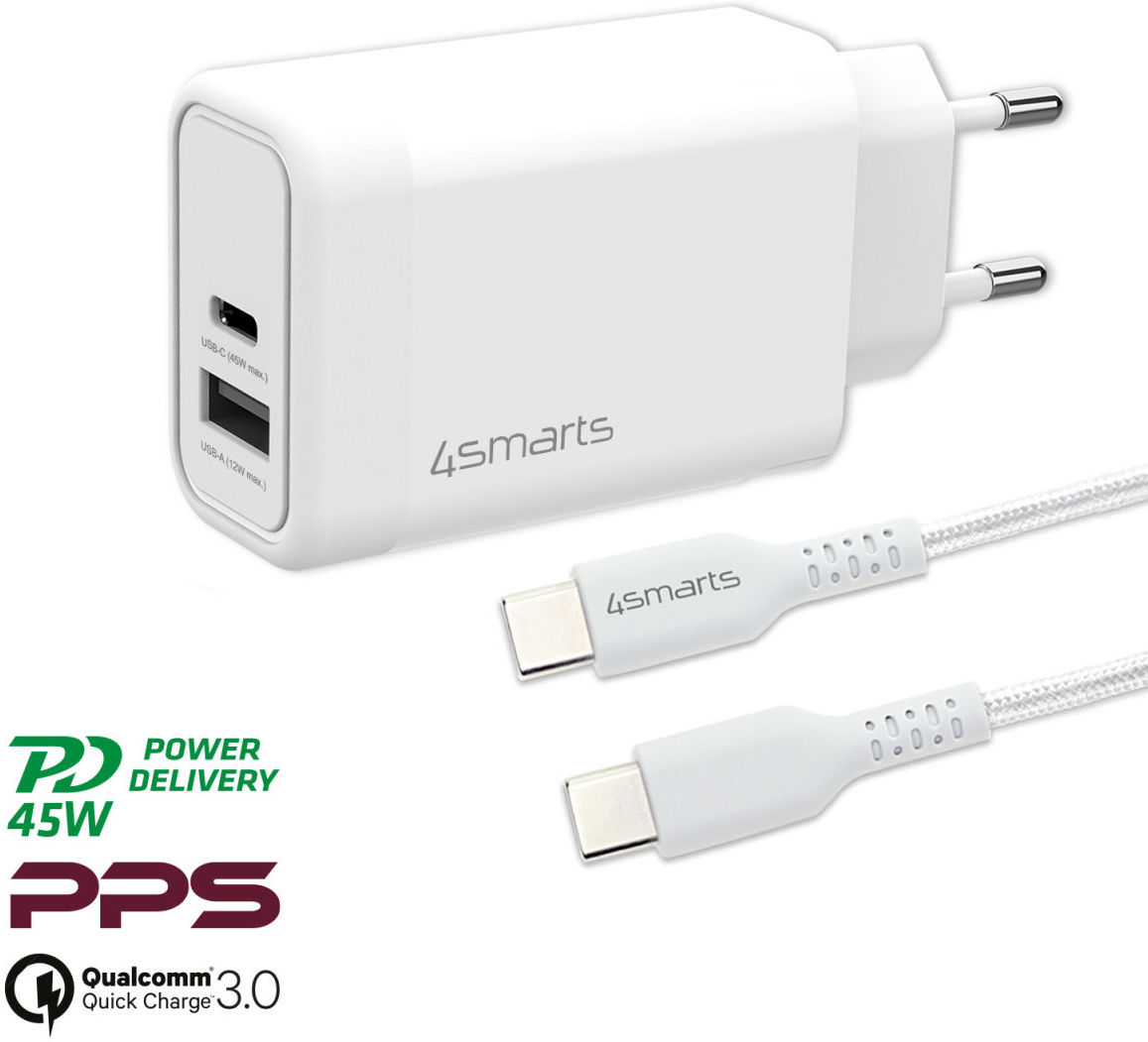 4smarts VoltPlug 45W GaN USB/USB-C Snellader met USB-C Kabel 1.8M Wit afbeelding 3