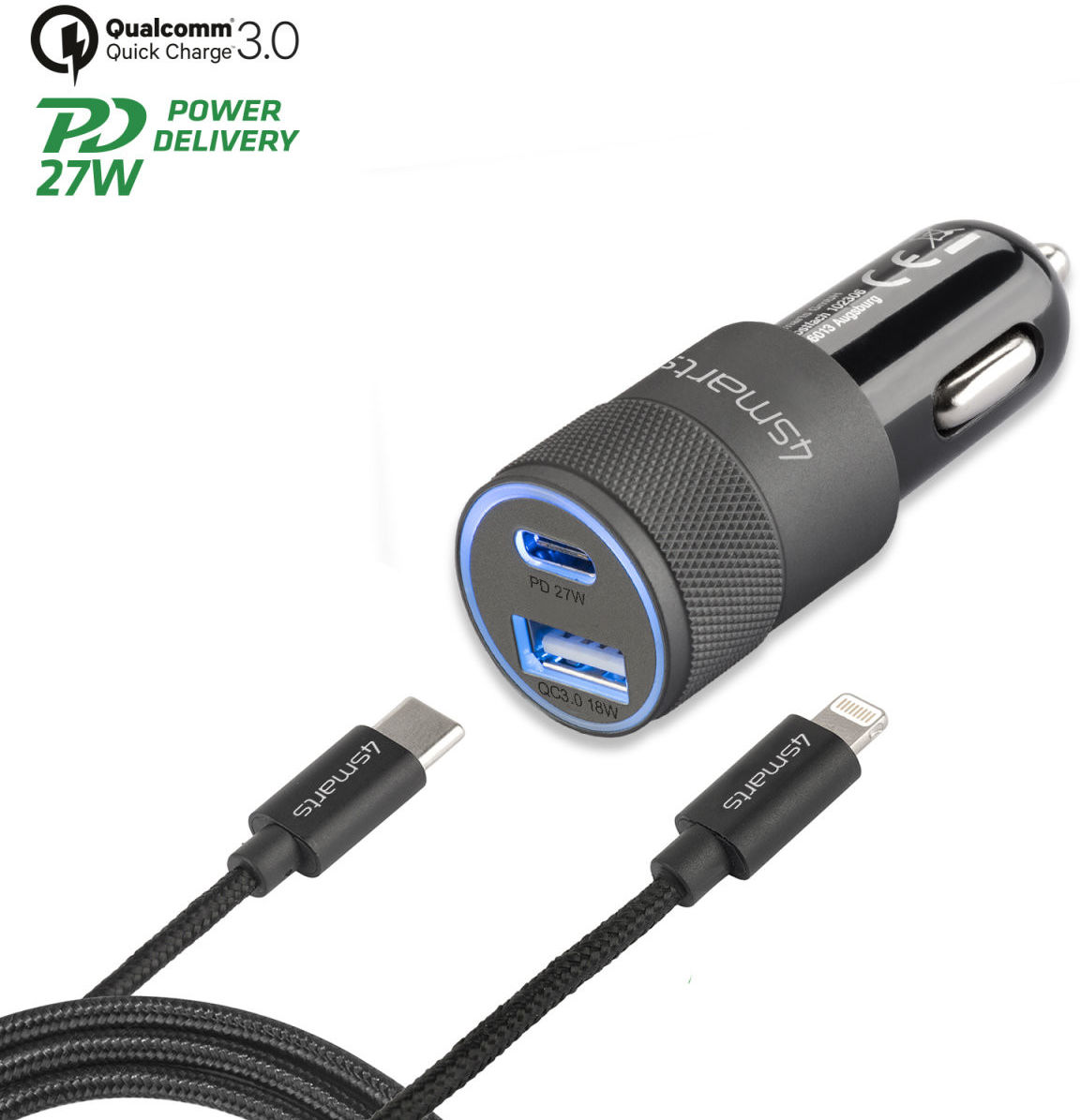 4smarts 27W Fast Charge Autolader met USB-C naar Lightning Kabel 1M afbeelding 1