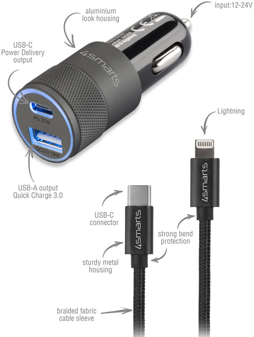 4smarts 27W Fast Charge Autolader met USB-C naar Lightning Kabel 1M afbeelding 4