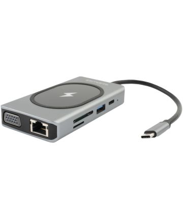4smarts 9-in-1 USB-C Hub met Draadloze Oplader 15W Grijs Kabels