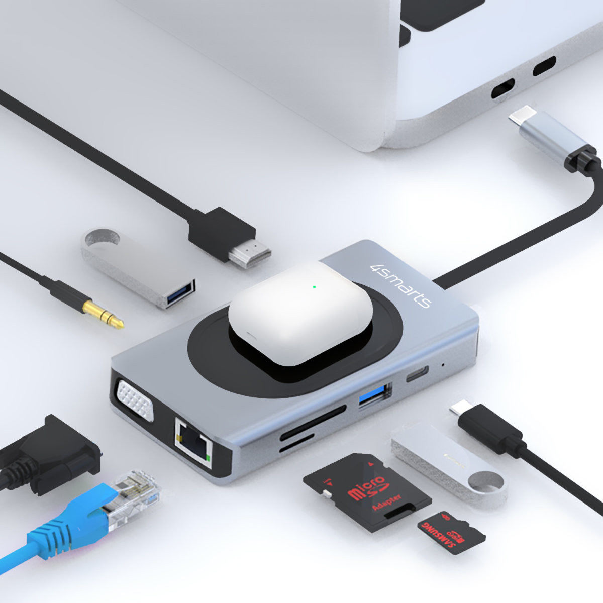 4smarts 9-in-1 USB-C Hub met Draadloze Oplader 15W Grijs afbeelding 4