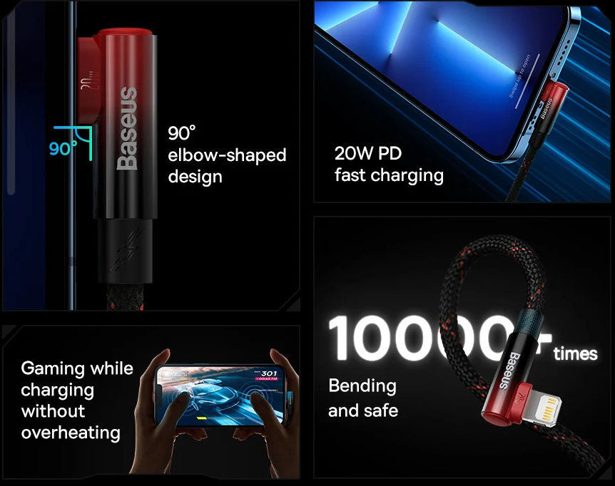 Baseus MVP2 90° USB-C naar Lightning Kabel PD 20W Haakse Hoek 2M Zwart afbeelding 11