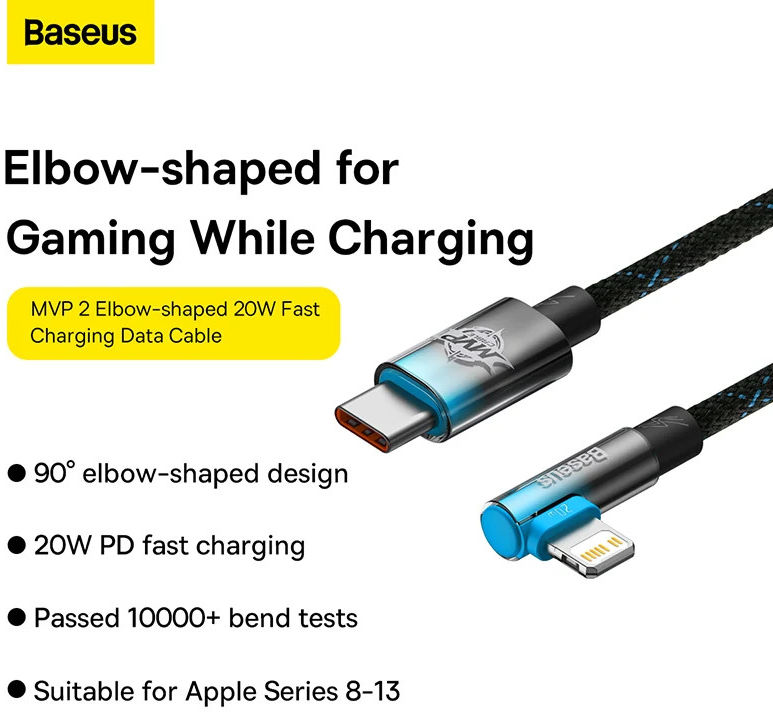 Baseus MVP2 90° USB-C naar Lightning Kabel PD 20W Haakse Hoek 2M Zwart afbeelding 3