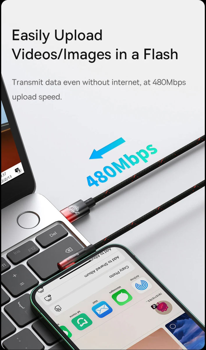Baseus MVP2 90° USB-C naar Lightning Kabel PD 20W Haakse Hoek 2M Zwart afbeelding 5