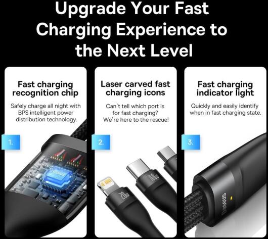 Baseus USB-C 3-in-1 Lightning/USB-C/Micro USB Kabel 100W 1.5M Zwart afbeelding 7
