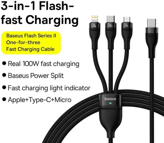 Baseus USB-C 3-in-1 Lightning/USB-C/Micro USB Kabel 100W 1.5M Zwart afbeelding 4